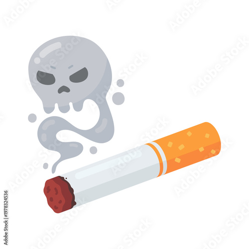 Smoking Kills Cartoon Cigarette Emitting Skull Smoke, Illustrating Health Risks