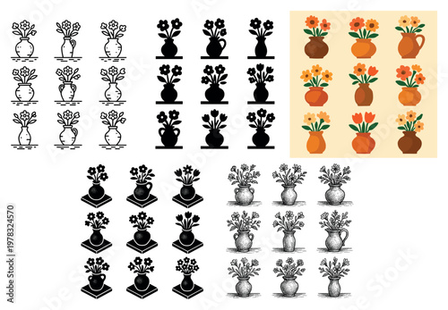 Floral icons with vase flower bloom colorful
