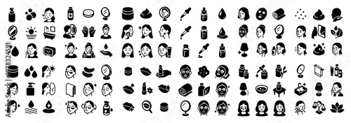 Skincare icons with mirror bottle and face outline