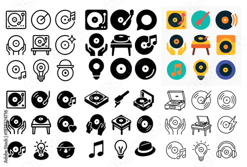 Record icons with turntable hand colorful flat