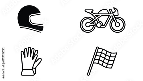 Motorcycle racing gear icon set: A set of essential motorcycle racing elements including a helmet, bike, gloves, and a checkered flag, representing the thrill and equipment of motorcycle racing.