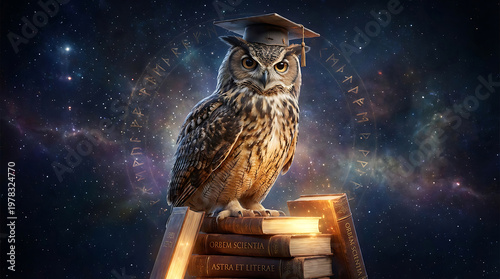 A wise owl wearing a graduation cap perches on a stack of books against a starry night sky