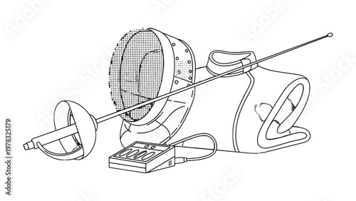 Fencing Equipment Still Life: A detailed illustration of essential fencing gear, including a mask, jacket, epee, and scoring equipment, arranged for a comprehensive view of the sport's elements.