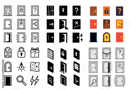 Door icons with door lock key minimal