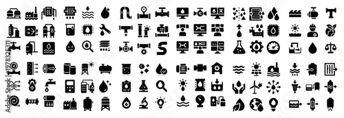 Water industry icons with pipe droplet pump minimal