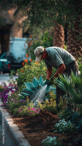 Gardener watering plants with a hose in a lush garden with colorful flowers and succulents