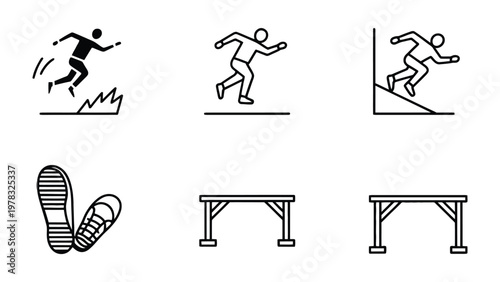 Athletic Endeavors: Set of line art icon of track and field or the sprint activity to depict the action, featuring a diverse range of athletic symbols. 