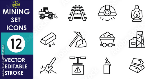 Minimal mining icon set featuring loader rail tracks helmet worker mineral sample pickaxe ore cart blasting spark warning sign gas cylinder and extraction tools