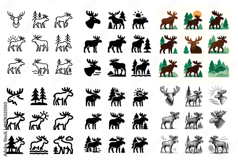 Fototapeta premium Wilderness icons with moose antler tree silhouette