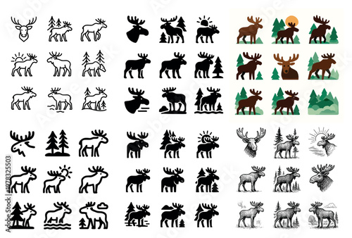 Wilderness icons with moose antler tree silhouette