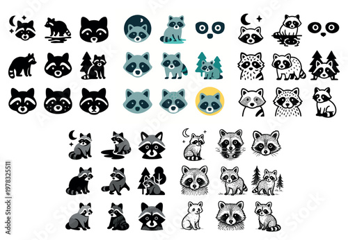 Wildlife icons with raccoon face tree minimal