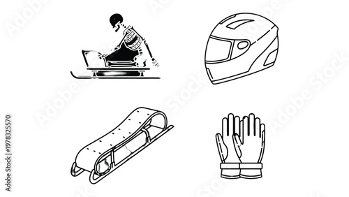 Winter Sport Gear: Minimalist line drawing of winter sport gear, including a bobsleigh racer, helmet, sled, and gloves, captures the thrill of speed and precision in a wintry setting.