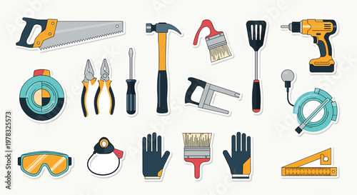 Diverse collection of colorful hand tool stickers featuring a saw, hammer, drill, spatula, and safety gear on a light background.