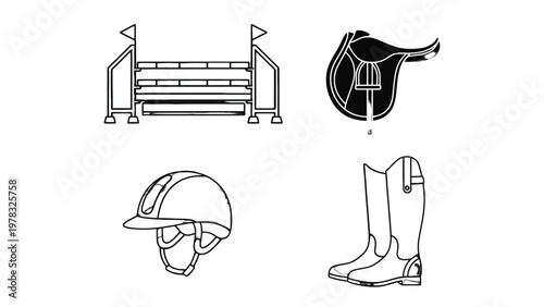 Equestrian Essentials: A collection of essential equestrian equipment, including a show jump, saddle, riding helmet, and riding boots, each meticulously depicted with clean, precise lines.