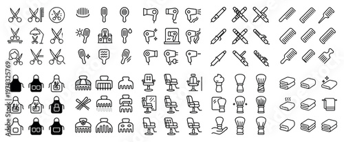 Salon icons with scissors dryer comb minimal