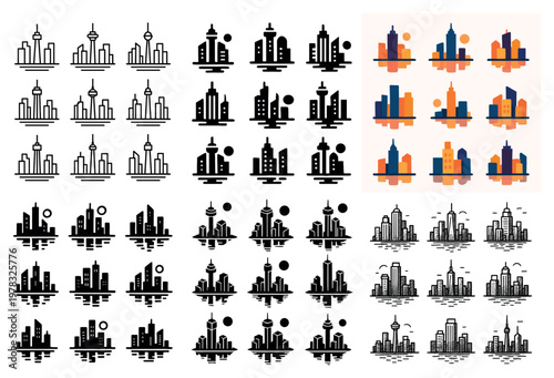 City skyline icons with tower building colorful