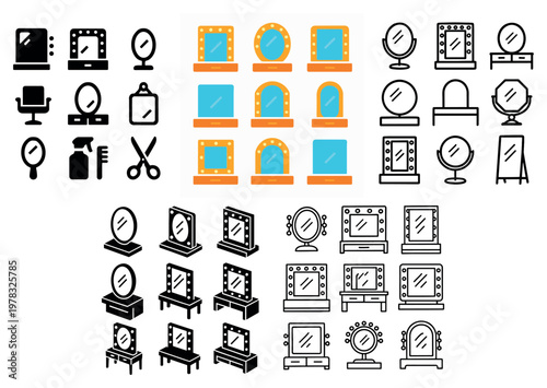 Beauty icons with mirror vanity chair minimal