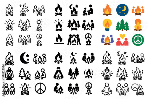 Camping icons with campfire people trees colorful