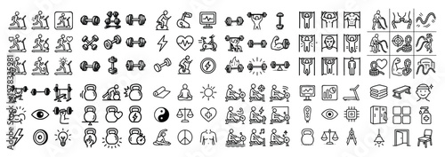Wellness icons with person heart kettlebell minimal