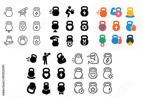 Fitness icons with kettlebell person star flat