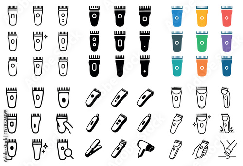 Grooming icons with trimmers razors blades outline