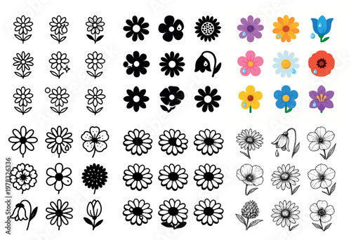 Floral icons with flower leaf bud colorful flat