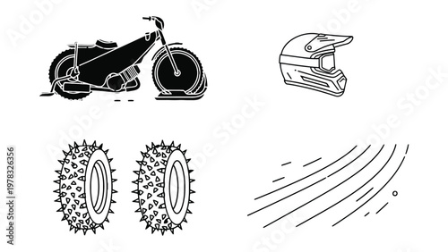 Speedway Motorcycle: Featuring a speedway motorcycle alongside a helmet, two tires and motion lines.