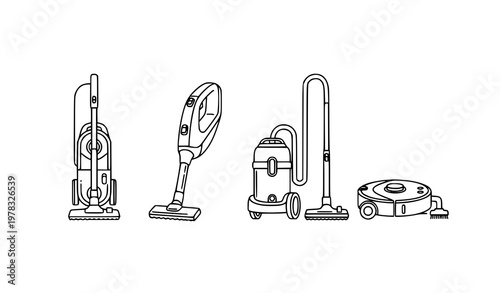 Outline vector set of different vacuum cleaners on white background