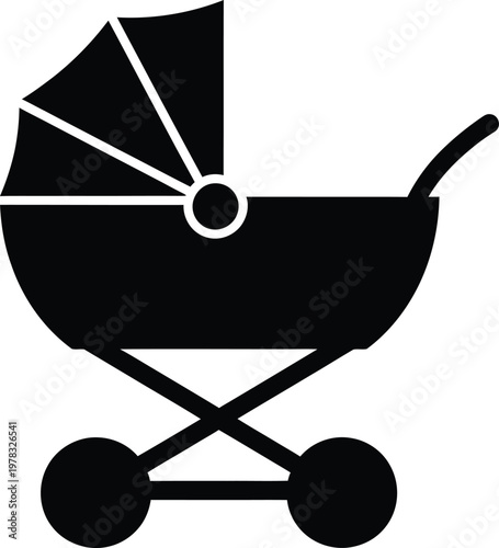 Silhouette vintage baby carriage with canopy and wheels vector illustration