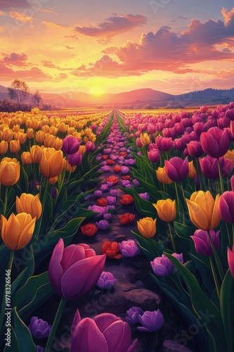A vibrant tulip field at sunset with a path dividing rows of yellow, orange, pink, and purple flowers
