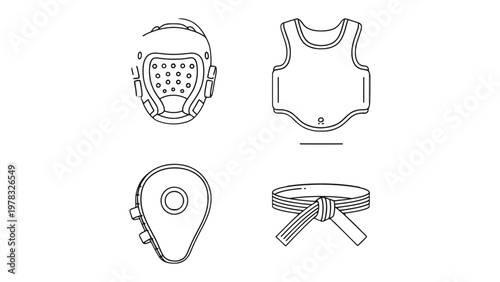 Martial Arts Protective Gear Illustration: A detailed illustration showcasing essential martial arts protective gear, meticulously outlining the gear's design and functionality.