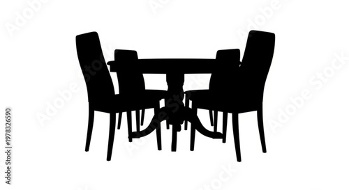 Dining Table and Chairs Silhouette, Minimalist Furniture Set Isolated on White Background