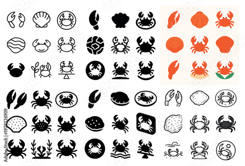 Seafood icons with crab shell claw minimal