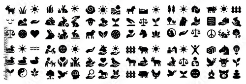 Countryside icons with cow pig sun bold