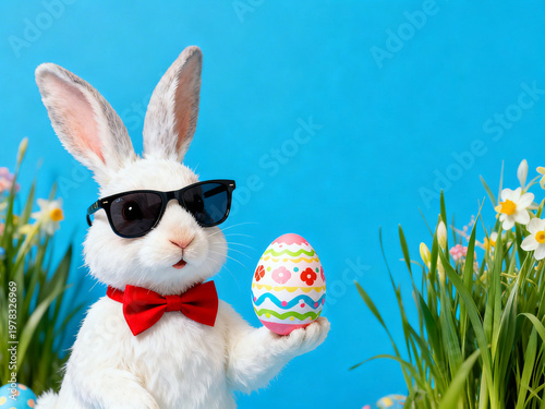 Easter long banner: cool bunny wearing sunglasses and striped bow tie, presenting colorful patterned egg, isolated blue background