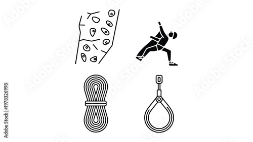 Climbing Essential Elements: Illustrated icons showcase the key components for rock climbing and the climber itself. This set captures the thrill of this extreme activity.