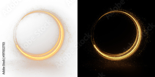 Fotografi Golden luminous light ring swirl glitter sparkle circle magic effect on black ba