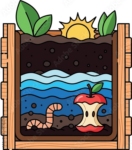 A cross-section illustration shows a compost bin with layers of soil, water, and organic matter including an apple core and a worm, bathed in sunlight with green leaves at the top.