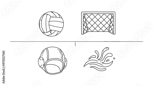 Sports Icons: Simple line drawings of a volleyball, a soccer goal, a water polo helmet, and water splash representing diverse sports and activities.