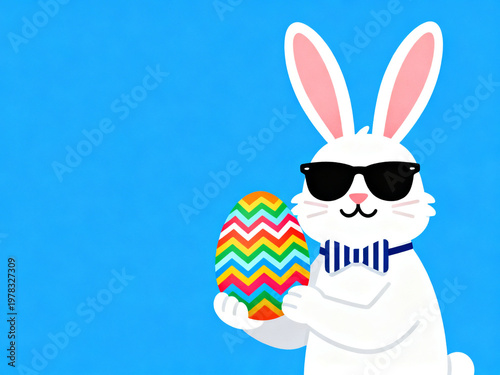 Easter long banner: cool bunny wearing sunglasses and striped bow tie, presenting colorful patterned egg, isolated blue background