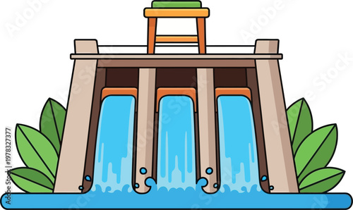 A simplified illustration of a concrete dam structure with three overflowing water outlets, surrounded by green leaves, representing hydroelectric power generation and water management.