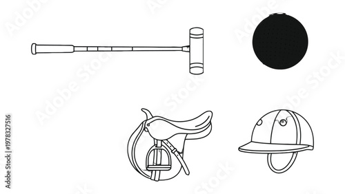 Polo Game Equipment: essential tools of the equestrian sport, depicting a mallet, ball, saddle, and helmet.