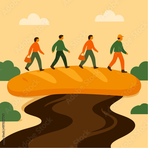illustration of people walking on a bread loaf over a river