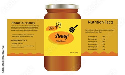 This professionally designed honey jar label template suitable for raw,  hexagon pattern, and nutrition facts, Premium packaging for natural honey, homemade honey products.