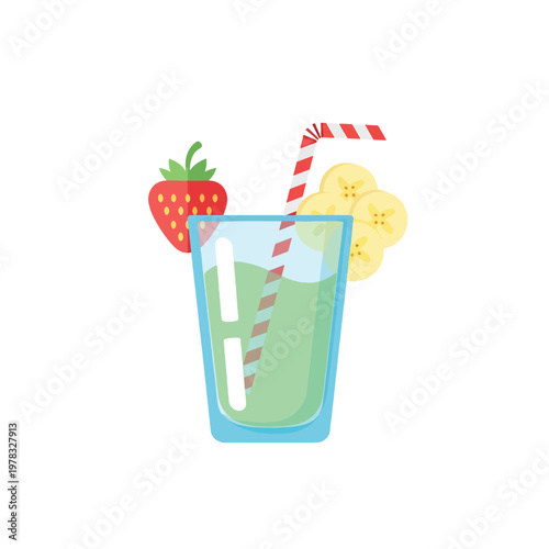 Fresh Fruit Juice Glass with Strawberry and Banana – Healthy Smoothie Flat Vector Illustration