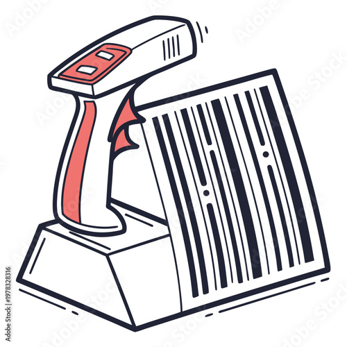 A barcode is positioned on a stand, with a handheld barcode scanner resting on top, ready for use, illustrating automated data entry, retail checkout, and inventory tracking systems.