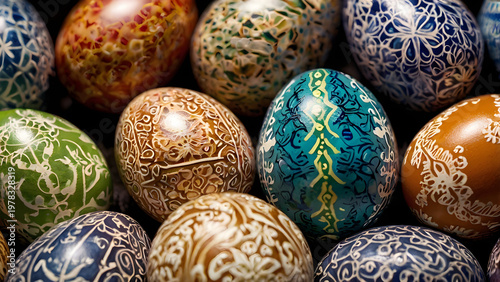 colorful easter eggs, Macro shot of beautifully painted Easter eggs with intricate patterns high detail texture