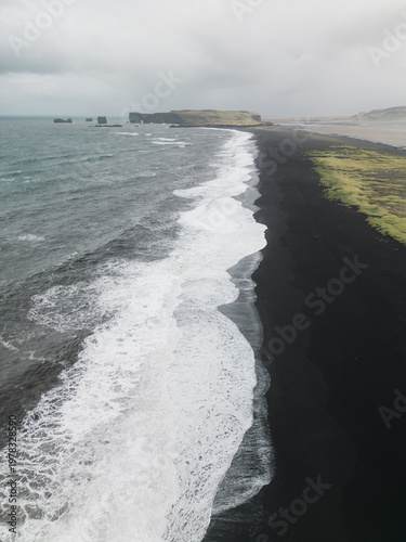 Vertical travel and nature banner, aerial view on volcanic Reynisfjara Beach. Tourist landmark