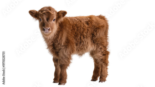 Fluffy brown Highland calf standing, isolated on transparent background