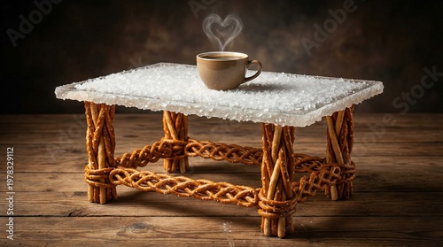 A coffee cup on a table made of salt and pretzels.